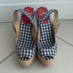 Vintage Christian Louboutin Navy Checkered Espadrille Wedges
